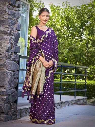 Image of MANOHARI Women's Trendy Banarasi Satin Silk Woven Saree with Heavy Jacquard Work, Elegant Design for Women with Lace Border Unstitched Blouse Piece for Weddings & Festive Occasions