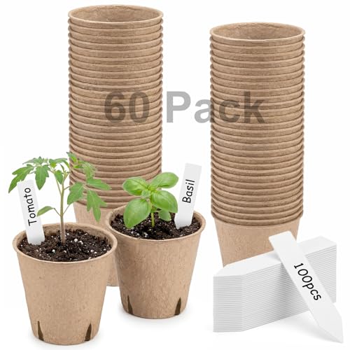 NEWMIAO 60 Pack 3.15 Inch Peat Pots, Biodegradable Seed Starter Pots for Seedlings with Drainage Holes, Germination Nursery Pots Kit Including 100 Plant Labels for Gardening (Round-60pcs)