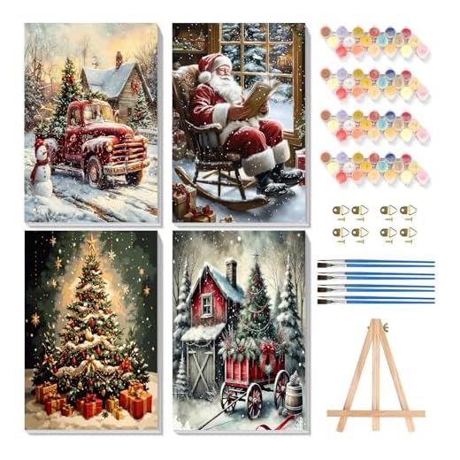 Bowetile 4 Stück Weihnachten Malen Nach Zahlen mit Rahmen für Erwachsene, Weihnachtsmann Zahlenmalerei Set mit Holzstaffelei Anfänger Leinwand Kit, Gemäide Bastelset auf Leinwand für Home Decor20x30cm