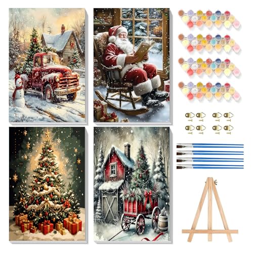 Bowetile 4 Stück Weihnachten Malen Nach Zahlen mit Rahmen für Erwachsene Weihnachtsmann Zahlenmalerei Set mit Holzstaffelei Anfänger Leinwand Kit Gemäide Bastelset auf Leinwand für Home Decor20x30cm