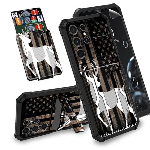 BREIDMKFM for Samsung Galaxy S24 Ultra Case with Screen Protector & Kickstand & Card Holder Detachable Dual Layer Hybrid Shockproof Case for Samsung Galaxy S24 Ultra,America Flag Deer