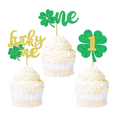 Ercadio 24 Pack St Patrick's Day Lucky One Cupcake Toppers Four Leaf Lucky One Cupcake Toppers St. Patrick 1St Cupcake Picks For 1St Cake Green Leaf Clover Theme Baby Shower Party Supplies #TOP22