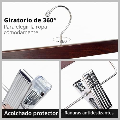 Miniatura 3 de Amber Home 10 Unidades 35,5cm Perchas De Madera Retro, Robusta Y Brillante Antiguo Marrón Percha Para Pantalones Shorts Faldas Calcetines Ropa Interior, Con Clips Antideslizantes Y Ganchos Giratorios