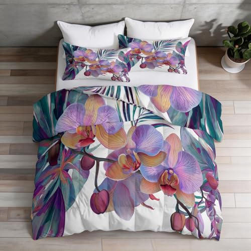 Bettdecke 240 x 220 cm - Frühling Eleganz Blumen Orchidee Pflanze Blätter Bettdecke ohne Bezug, 4 Jahreszeiten Bettdecken für Erwachsene, Kinder und Jugendliche, Weiß Warme Weiche Waschbar Schlafdecke