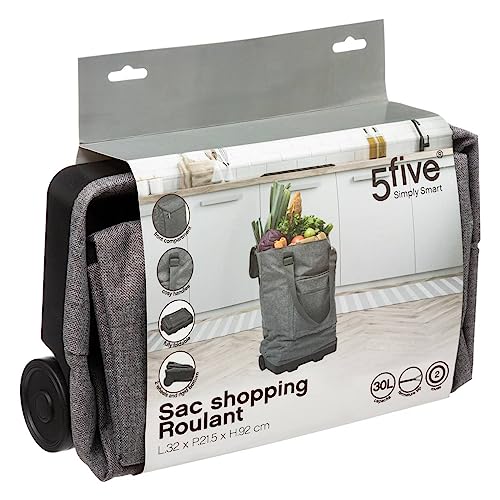 5 five simply smart 5five - Sac de Shopping Pliable 2 roulettes Gris 30L - Poches Zippées - Gain de Place - Rangement Facile et Pratique – vue 4