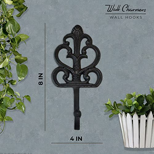 Set Of 3 Rustic Decorative Wall Hooks 8” | Victorian Shabby Chic Fleur De Lis Antique Towel Hooks For Hanging | Gothic Cast Iron Farmhouse Indoor Outdoor Key, Dog Leash, & Towel Hanger By Wallcharmers #TOP3