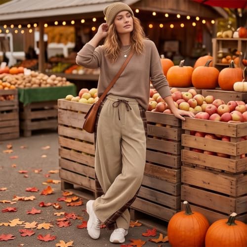 Womens Corduroy Barrel Pants with Pockets Y2K Plaid Patchwork Panels - image 4
