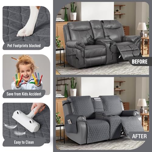 TAOCOCO 100% Waterproof Loveseat Recliner Covers with Console, Non Slip Recliner Covers that Stay in Place, Split Seat Design Washable Reclining Loveseat Cover with Elastic Straps, Charcoal Gray — view 4
