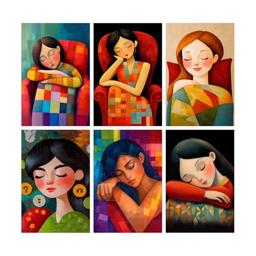 Image of SiddArtify Modern Portrait Wall Art Poster Print Set - Colorful Woman Sleeping Prints for Living Room Bedroom Decor - 12x18 inch Sticker Pack of 6