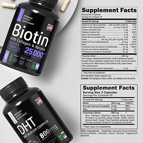 S Raw Science Healthy Strong Hair & Stop Hair Loss, Hair Skin And Nails Vitamins — Biotin & Collagen & Keratin Capsules 25000Mcg 60Pcs And Dht Blocker 800Mg 60Pcs #TOP1