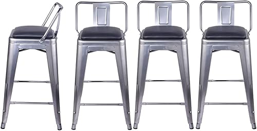 Vista 316 de GIA Taburete de metal con respaldo bajo de altura de mostrador de 24 pulgadas con asiento de cuero vegano, color plateado