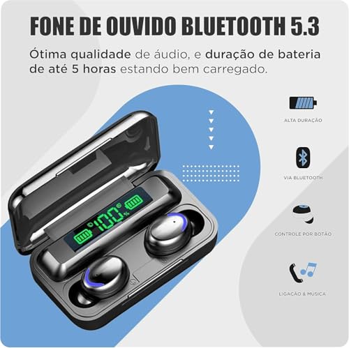 Fone de ouvido bluetooth 5.3 - Função power bank e mostrador digital Sem Fio Tws Wireless Com Visor