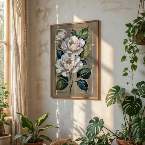 Image of SAF Elegant White Floral Botanical Wall Art with Wooden Frame | Luxury Flower HD UV Laminated Print on MDF | Modern Aesthetic Decor for Living Room Bedroom Office 13.5 Inch x 19.5 Inch