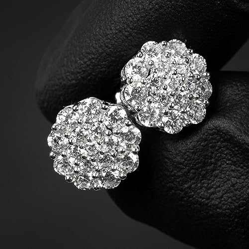 Flower Cluster White Gold Plated 925 Sterling Silver Large Men’s Women's Iced CZ Round Honey Comb Set Hypoallergenic Circle Hip Hop Trendy Fashion Big Cubic Zirconia Stud Screw Back Earrings3