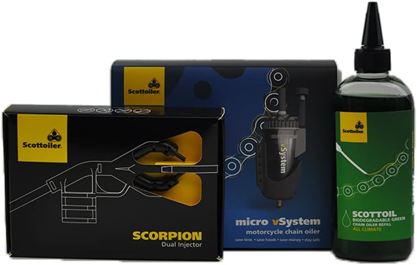 Scottoiler Essentials Micro vSystem Automatic Motorcycle Chain Lubrication System & Scorpion Dual Injector - Twin Feed applicator with 8.4fl.oz Biodegradable Green Scottoil Refill Bundle