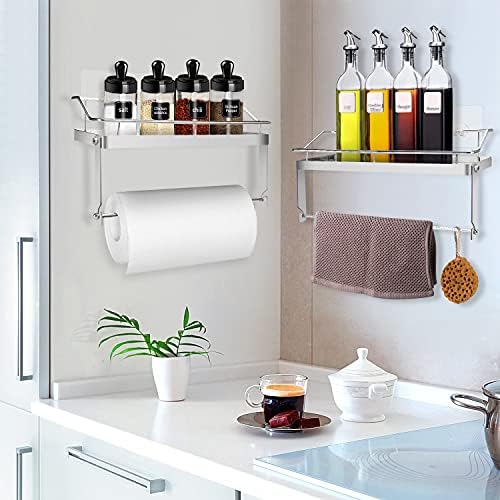 No Drilling Adhesive Paper Towel Holder with Shelf Kitchen Roll Dispenser Spice Rack Wall Mounted Bathroom Organiser Storage SUS304 Stainless Steel Material (Silver)