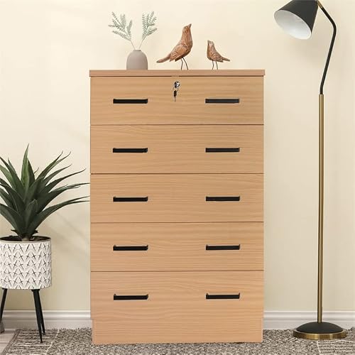 Pemberly Row Modern 5 Drawer Wooden Bedroom Dresser With Lock In Beech #TOP5