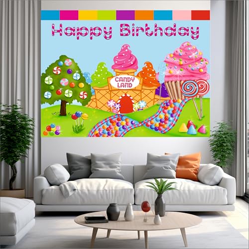 Image of Candy Land Theme Backdrop | Backdrop for Birthday Decoration | Happy Birthday Banner for Kids (Pack of 1, Multicolor, Size: 5x4 Feet)