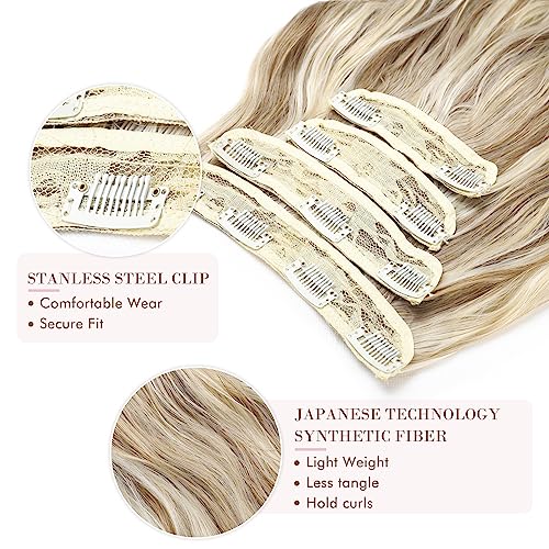 REECHO Hair Extensions, 20 Inch 4PCS Synthetic Fiber Clip in Hair Extensions Natural Soft Hairpieces for Women, Dark Blonde with Highlights - Thumbnail 3
