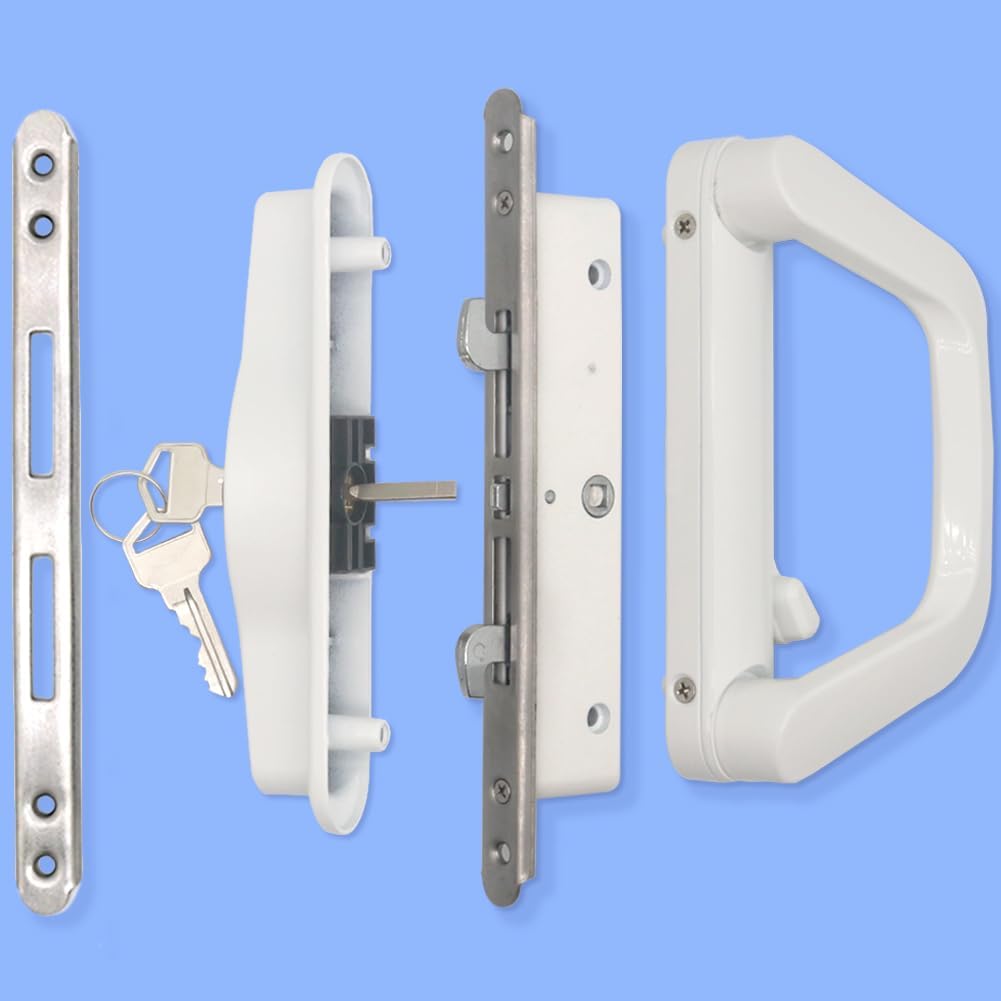 Patio Sliding Door Handle Set with Mortise Lock, Suitable for Sliding Glass Patio Door Thickness from 1.5in to 2in, 4-15/16" Screw Holes, Need to Drill, Reversible Design, Keyed (White)