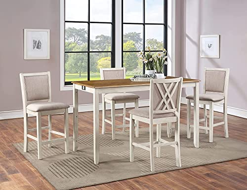 New Classic Furniture Amy Farmhouse Kitchen Counter Island Dining Table For 4 With Storage Shelf & Usb Chargers, Two Tone Vintage White/Brown #TOP2