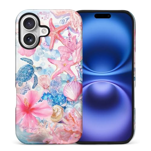 FKBRCL4U for iPhone 17 Case, Hybrid 2-Layer Silicone Protective Glossy Case for Girl Women for iPhone 17 Aesthetic Italian Summer Coastal European Preppy Turtle Collage Pattern
