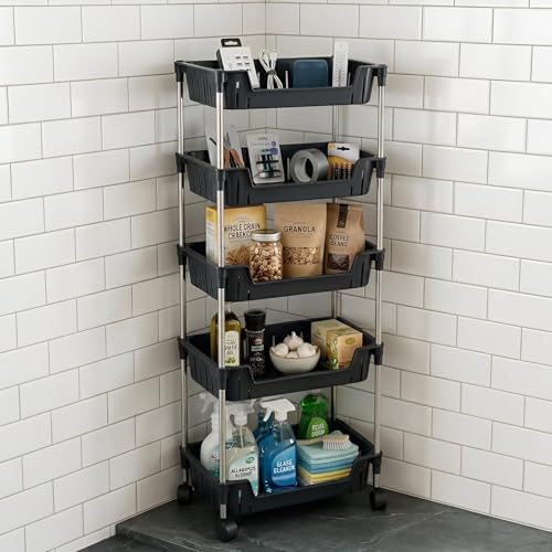 Image of JD FRESH 5-Tier Multi Storage Rack for Home & Kitchen /360-Degree Rotating Wheels with Breathable Kitchen Shelf Storage Rack /Plastic Rolling Cart for Kitchen, Bathroom, Office & Living Room (Black)
