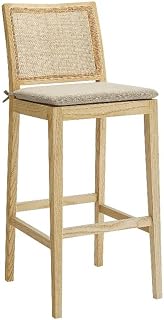 Modway Ovard Wood Bar Stool in Natural with Rattan Back – Natural Rattan Armless Bar Chair with Removable Padded Seat – Solid Wood and Fabric Bar-Height Stool