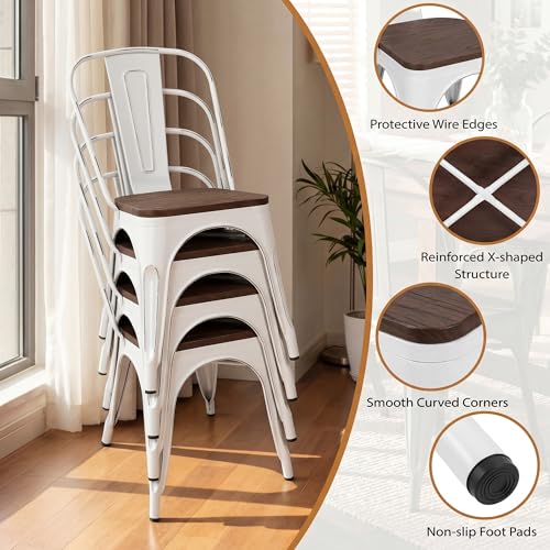 JUMMICO Metal Dining Chair Stackable Industrial Vintage Kitchen Chairs Indoor-Outdoor Bistro Cafe Side Chairs with Back and Wooden Seat Set of 4 (White) - Thumbnail 6
