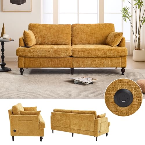 KEIKI Modern Style Chenille 2-Seater Wood-Legged Sofa with LED Light,