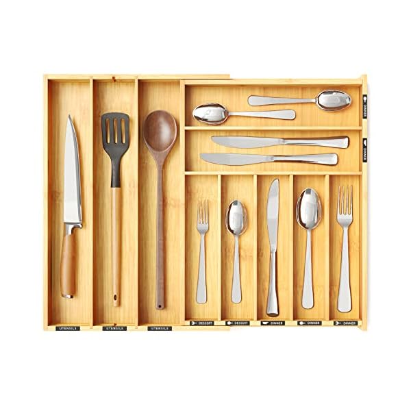 SpaceAid Bamboo Silverware Drawer Organizer with Labels, Kitchen Utensil Expandable Tray Holder Organizer for Flatware, Cutlery, Spoon and Knives Drawer Storage Organization (Natural, 10 Slots)