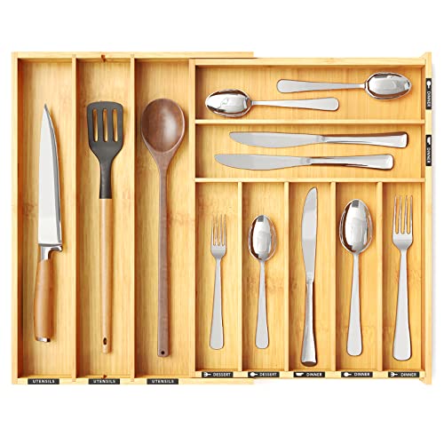 SpaceAid Bamboo Silverware Drawer Organizer with Labels, Kitchen Utensil Expandable Tray Holder Organizer for Flatware, Cutlery, Spoon and Knives Drawer Storage Organization (Natural, 10 Slots) by SpaceAid - Used condition - CA$20.19