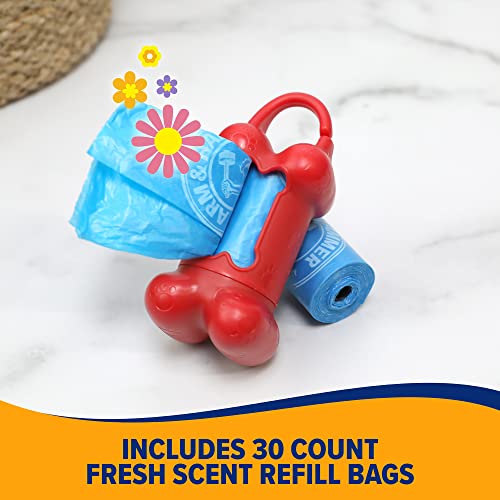 Image of Arm & Hammer Dog Bone Shape Poop Bag Dispenser, 30 Count, Baking Soda Blend | Leak-proof material, odor control formula, fun novelty shaped holder, convenient for daily walks and cleanup each single day