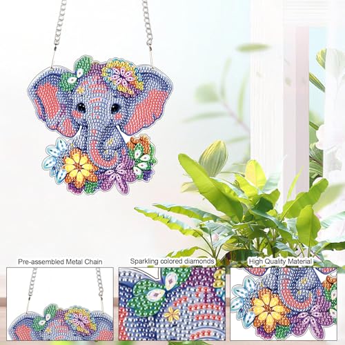 Image of Elephant Diamond Painting Hanging Kit, DIY 5D Crystal Acrylic Pendant Ornament, Diamond Art Window and Wall Hanging for Adults, Elephant DIY Diamond Painting Art, Handmade Home Decor Gift