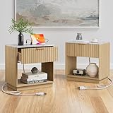 FavourLife Fluted Nightstand Set of 2 with Charging Station, 23' Large Side Table with Faux Marble Top, Wood Night Stand Bedside Table with Drawer & Open Shelf for Bedroom Living Room, Natural Oak