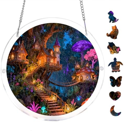 Fantasy Woodland Treehouse Scene Round Acrylic Suncatcher Puzzle Window Hanging Decor with Chain DIY Crystal Ornament Gift 7.4 inch 83 Pieces