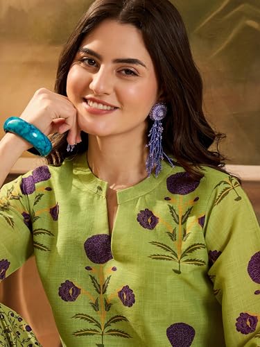 Image of EthnicJunction Women's Linen Floral Print Summer Wear Straight Short Kurti With farshi Salwar Set | Kurta Pant Set | Office wear Kurta Set | farsi salwar suit | raksha bandhan gift dress for women