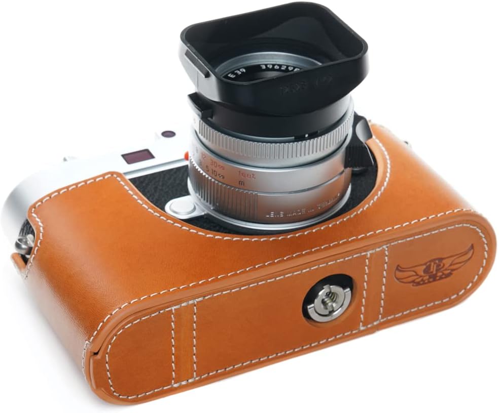 For Leica M11 Camera Case, Handmade Genuine Real Leather Half Camera Case Bag Cover for Leica M11 Camera Bottom Opening Version + Hand Strap (Yellow)