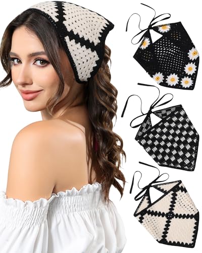 AWAYTR Crochet Head Scarf Hair Bandanas for Women Knit Bandana Headband Scarf Tie-Back Head Coverings Floral Headscarf for Girls (Black)