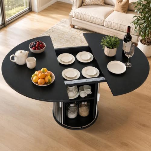 DEPSIS 47"-63" Extendable Round Dining Table for 4–8 with Storage Space-Saving,Farmhouse Wood Oval Dinner Table with Pedestal Base for Kitchen, Living Room,Black