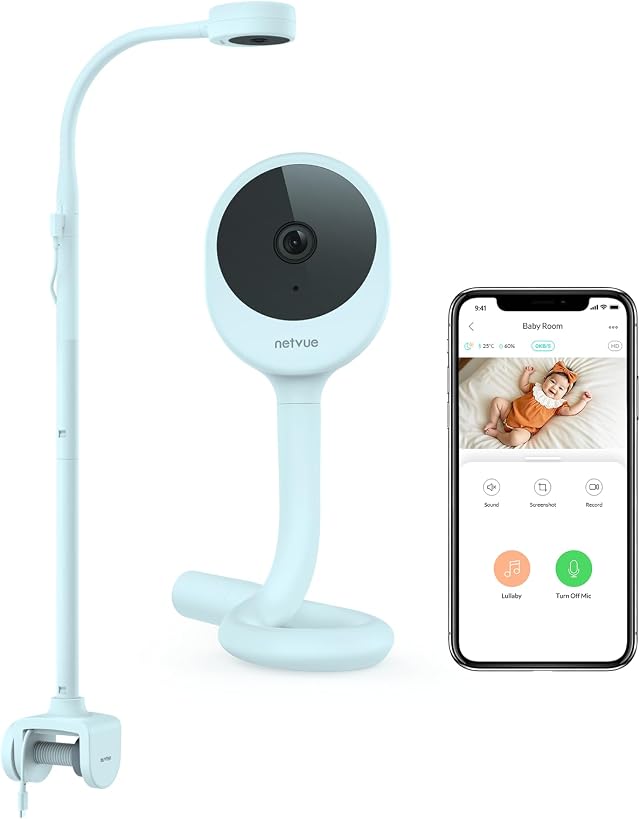 NETVUE Azul 1080P Camara Vigilancia Bebe con Soporte 4 en 1, Vigilabebes Camara con App Gratuita, Audio Bidireccional, Detección de Movimiento, Visión Nocturna, Canción de Cuna