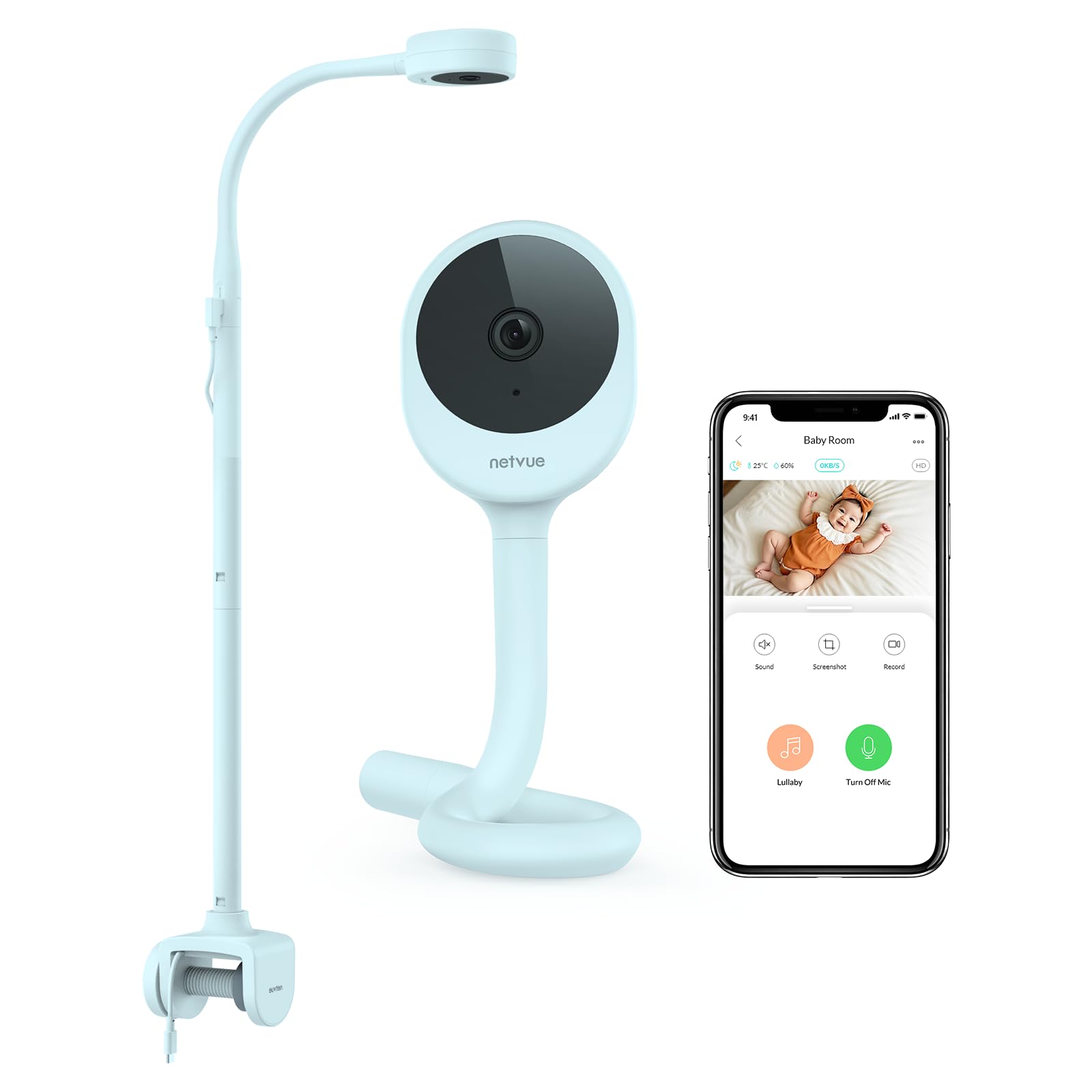 NETVUE Azul 1080P Camara Vigilancia Bebe con Soporte 4 en 1, Vigilabebes Camara con App Gratuita, Audio Bidireccional, Detección de Movimiento, Visión Nocturna, Canción de Cuna