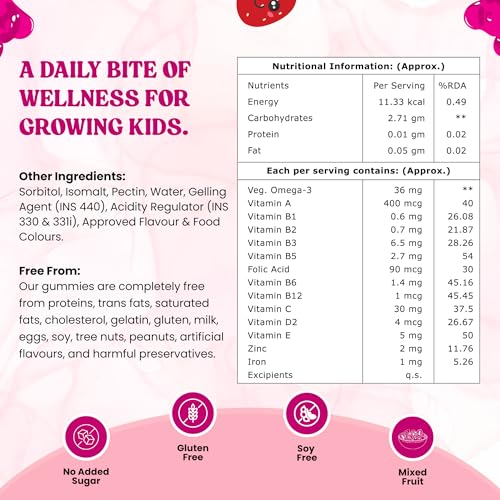 Image of Kids Multivitamin Gummies - Immune, Brain & Muscle Support with Veg Omega-3, Vitamin A, C, D2, E, Zinc Folic Acid & Iron - Strawberry Flavor, No Added Sugar, Gluten-Free, Soy-Free - 30 Count Gummmies For Kids (2+Years)