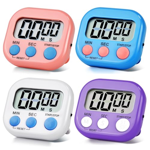4 Pack Digital Kitchen Timer Magnetic Digital Timer with Big Display Loud Ring Cooking Timers for Cooking, Game, Gym, Break Time, Classroom(4, Pink, Blue, Purple, White)