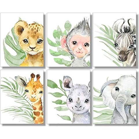 Baby Safari Animals Wall Art Prints - Nursery Decor - Set of 6-8x10 - Jungle Animal Pictures - Unframed - Watercolor Cover