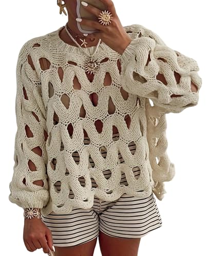 LETSVDO Women's Crochet Hollow Out Sweater Long Sleeve Crewneck Mesh Knit Pullover Tops Casual Beach Vacation Cover Ups Beige