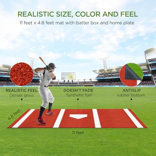 ZivPlay Batting Mat Baseball Hitting Mat Baseball Batting Cage Mat 11\' x 4.8\' Regulation Size Turf Batters Box Mat with Home Plate and Anti Fade Turf for Baseball Softball Training Indoor and Outdoor