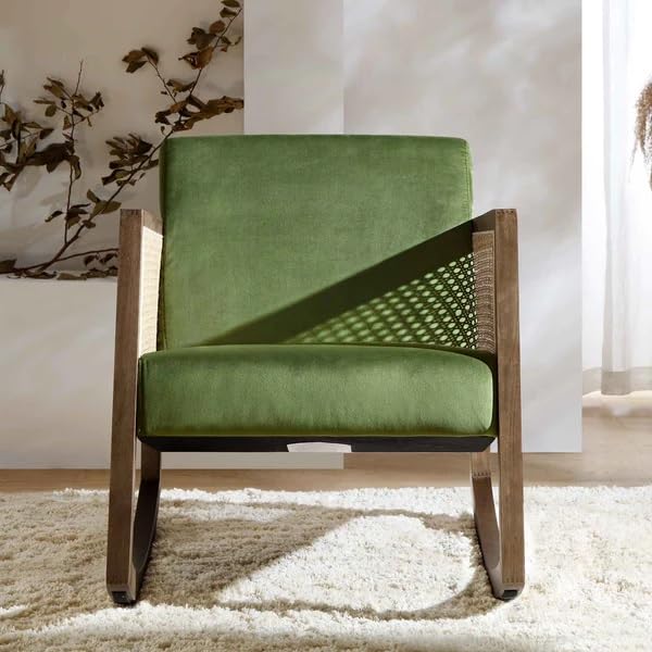 Image of Solid Wooden Rocking Chair with Armrests,Wooden Rattan Arm Chair for Dining & Living Room. Teak Wood Armchair for Living Room Bedroom (Dark Walnut) 86L x 58W x 70Hcm