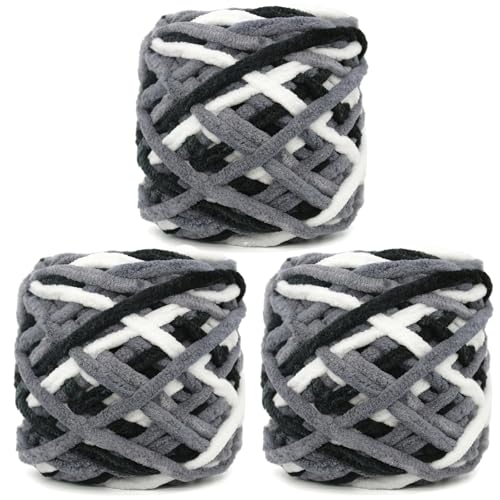 Chunky Chenille Yarn for Crocheting,Fluffy Velvet Plush Thick Soft Chunky Chenille Baby Blanket Yarn for Crocheting Knitting Beginners 3 * 100g(Black White Grey)