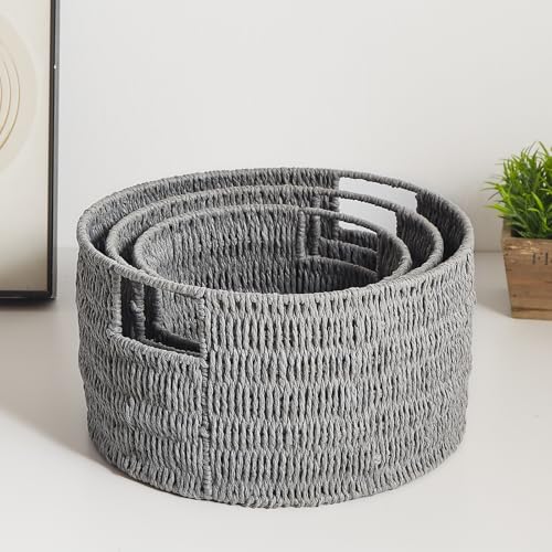 Vagusicc Wicker Storage Basket, Hand-Woven Paper Rope Large Round Woven Basket With Handles, Wicker Baskets for Organizing/Storage, Grey, 3-Pack by Vagusicc - Image 3